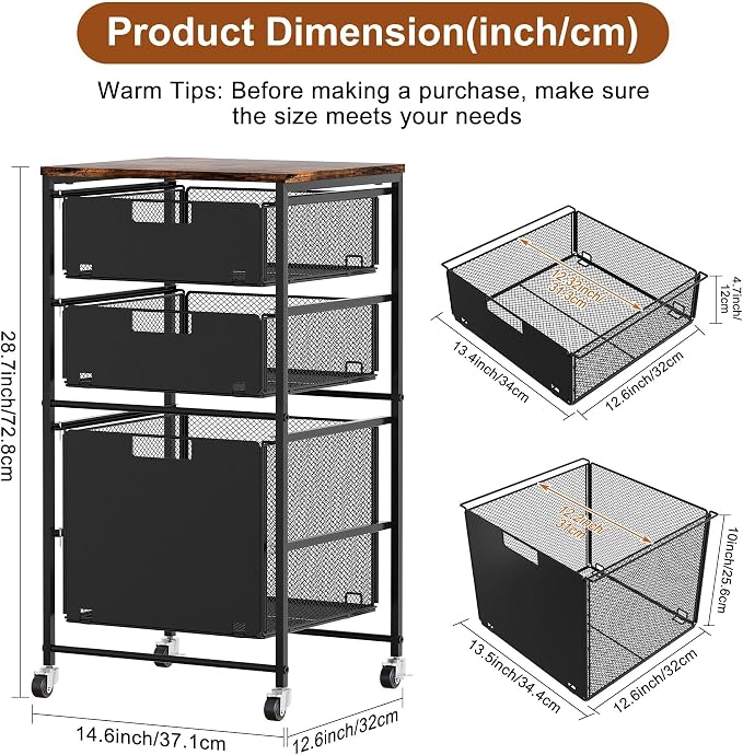 EasyPAG Rolling Storage Cart with 3 Drawers, Under Desk File Cabinet on Lockable Wheels, Movable Letter Size Hanging File Folder Organizer with Wooden Printer Stand for Home Office, Black