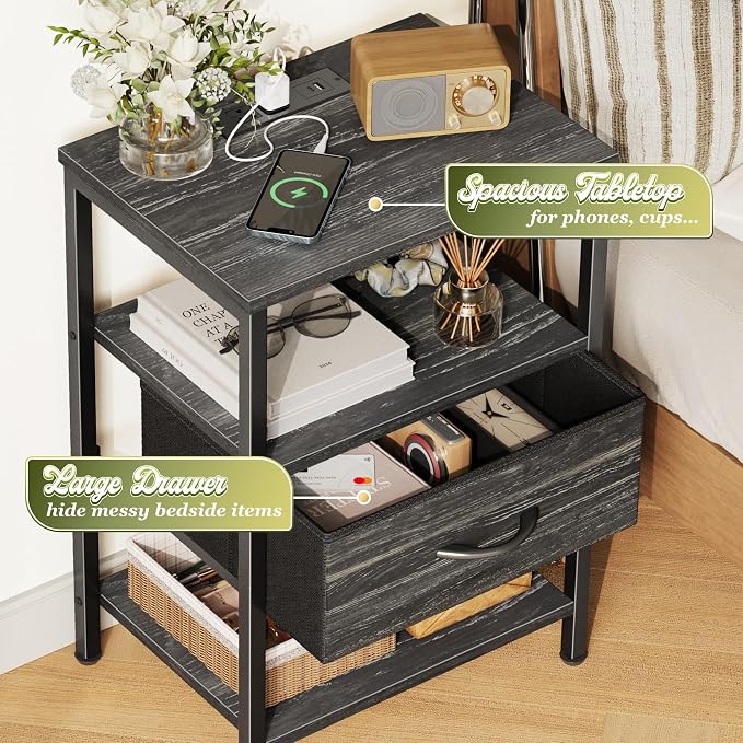 SUPERJARE Nightstand with Charging Station, USB-C Port, Bedside Table | Night Stand for Bedroom, with Adjustable Fabric Drawer, 3-Tier Storage End Table, for Living Room
