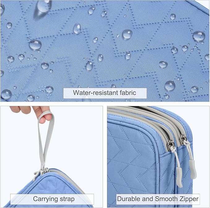 FYY Electronic Organizer, Travel Tech Pouch Bag, Large, Blue Quilted | Wrist Strap, Waterproof, Double Layers Portable Electronics Travel Carrying Case for Cord, Charger, Daily Business Trips Use