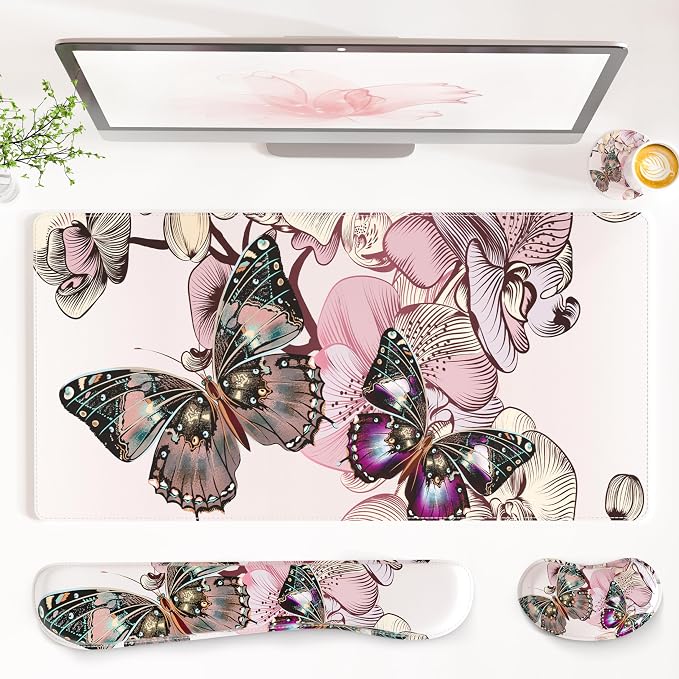 QIYI PU Leather Desk Mat Set, 4-in-1 Ergonomic Wrist Rest, Butterflies | Waterproof Large Mouse Pad 31.5×15.7 + Keyboard Wrist Rest + Mouse Wrist Support+Coaster, Non-Slip Office Gaming Accessories