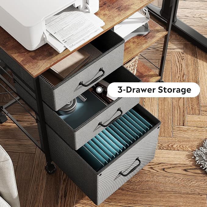 DEVAISE 3 Drawer Mobile File Cabinet with Open Storage Shelf | Rolling Printer Stand, Fabric Lateral Filing Cabinet fits A4 or Letter Size for Home Office, Rustic Brown and Gray
