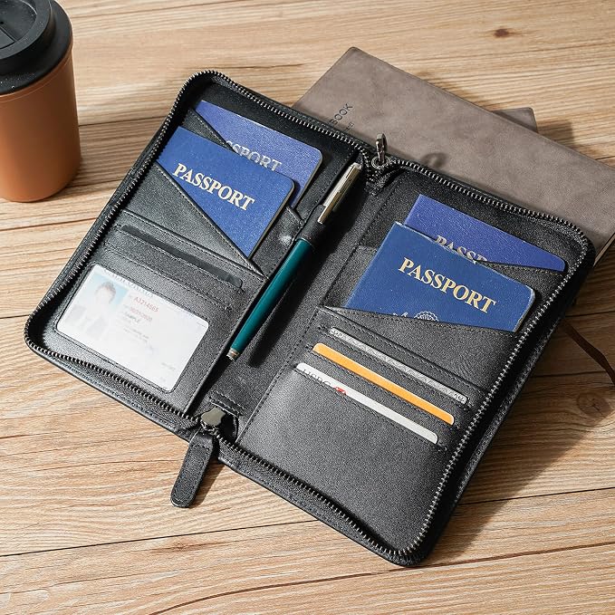 Polare Full Grain Leather Passport Holder Cover Case for Men and Women RFID Blocking Family Travel Wallet Holds 6 Passports (Black)