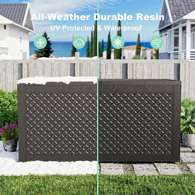 ROJIK Outdoor Storage Housing Deck Box - Waterproof Patio Furniture, Garden Tools, Cushions, Pool Accessories Storage Bench with Lockable Lid and Side Handles (Black,125 Gal)