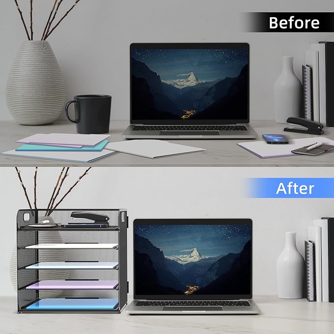5 Trays Paper Organizer Letter Tray with Handle-Mesh Desk File Holders, Paper Sorter Desk Organizer for Office, Home, Classroom or School