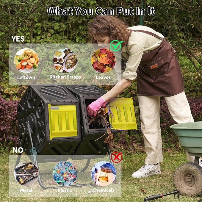 Compost Bin, 37-Gal Dual Chamber Composter Tumbler, Black Yellow | Steel Frame with 2 Sliding Door and Aeration System, 360° Rotating, Tumbling Composting Bin for Kitchen, Garden, Yard