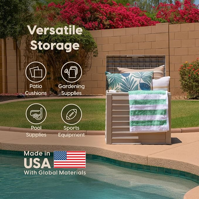 IRIS USA 35 Gallon Outdoor Deck Box, Lockable, Weather-Resistant, Beige | UV-Protected, Waterproof Resin, Patio Storage for Cushions, Garden Tools & Packages
