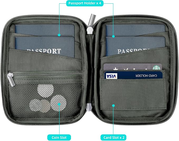WALNEW Passport Holder Family for 4, RFID Blocking Travel Wallet Women Men | Holds up to 4 Passports, Removable Wrist Strap，Lightweight Zipper Document Organizer Pouch Bag for Travelling