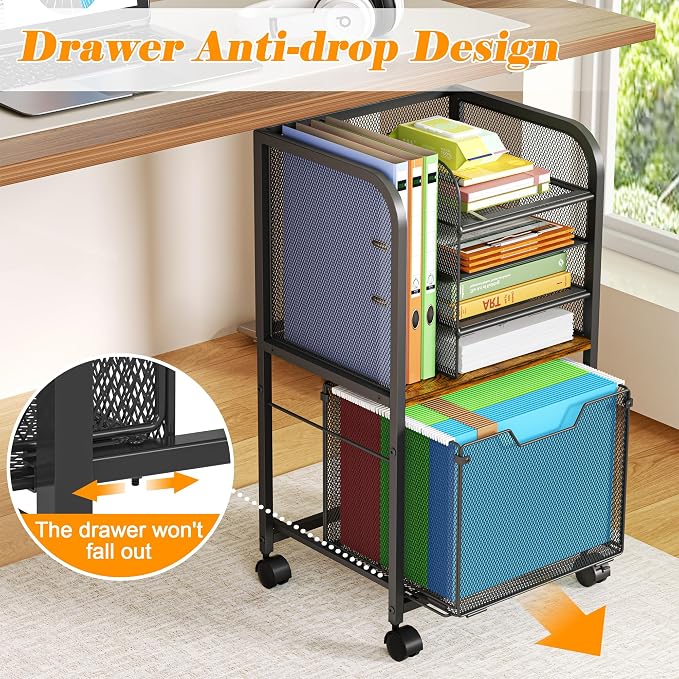 Feyejade 5-Tier Rolling File Cart Cabinet Under Desk Storage Organizer | Letter-Size Hanging File Folders, Under Desk Mobile Filing Storage, Multi-Layer Mesh Drawers, Office Efficiency Furniture