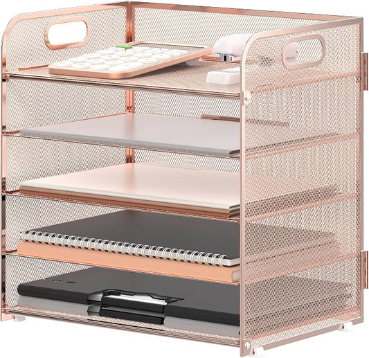 5 Trays Paper Organizer Letter Tray with Handle-Mesh Desk File Organizer, Paper Sorter Desk Organizer for Office, Home or School (Rose Gold)