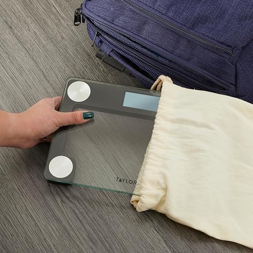 Taylor Digital Bathroom Scale for Body Weight, Large 9.7 x 6.7 Inch Clear Glass Platform, 400 lb Capacity, 2.4 Inch Display, Stainless Steel Accents, Includes Canvas Travel Bag