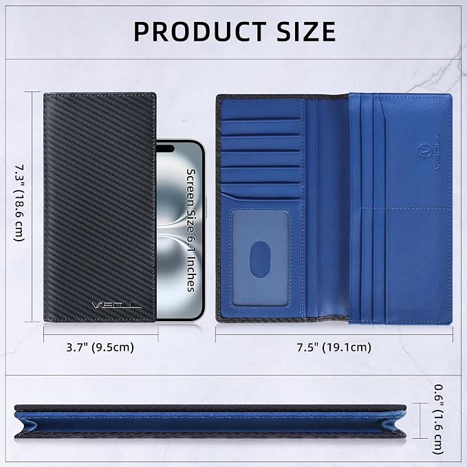 VISOUL Leather Checkbook Cover Wallet for Men with RFID Blocking, Mens Long Bifold Cash Tall Wallet with 11 Credit Card Slots 1 ID Window (Black+Blue)