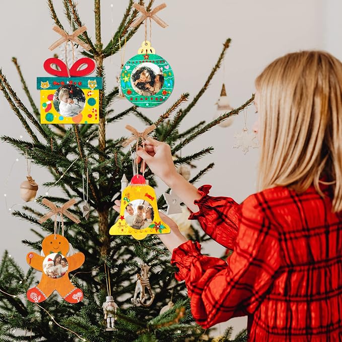 24Pcs Christmas DIY Photo Frame Ornaments, Unfinished Wood Craft Kits | Wooden Photo frames, Hanging Ribbons, Digital Pendants for Two Years. For Kids Holiday Parties, Classroom Crafts Family DIY