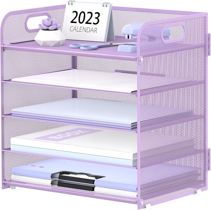 5 Trays Paper Organizer Letter Tray with Handle-Mesh Desk File Holders, Paper Sorter Desk Organizer for Office, Home, Classeoom or School, Purple