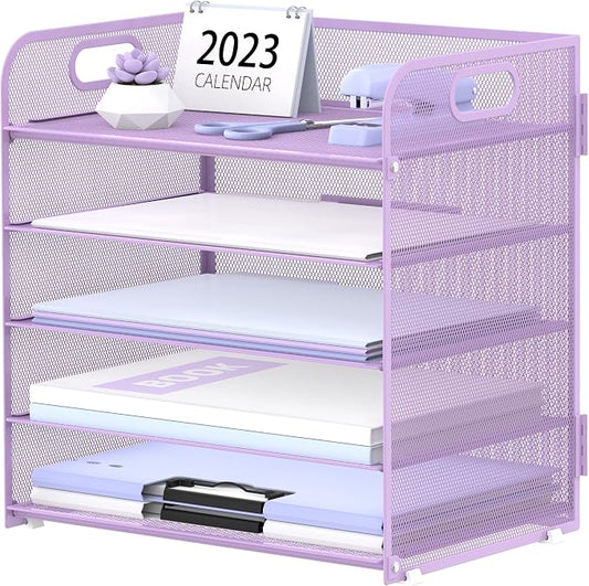 5 Trays Paper Organizer Letter Tray with Handle-Mesh Desk File Holders, Paper Sorter Desk Organizer for Office, Home, Classeoom or School, Purple