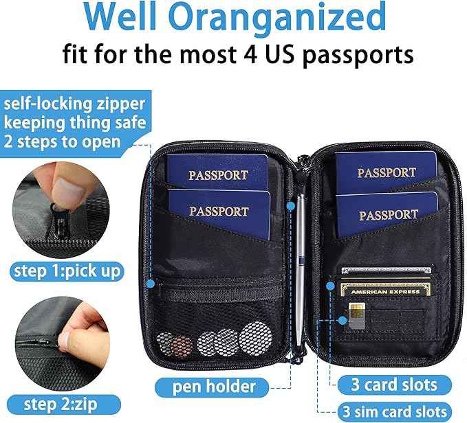 Lagre Family Passport Holder for 4, Black | Passport Wallet for Travel, RFID Blocking, Waterproof with Zipper, Airtag Case, Multiple Passport Bag