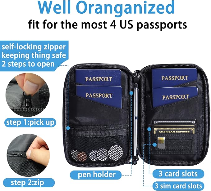 Lagre family passport holder for 4 multiple passport bag for travel passport cover rfid blocking for women waterproof wallet with zipper airtag passport case for men (pink with faint patterns)
