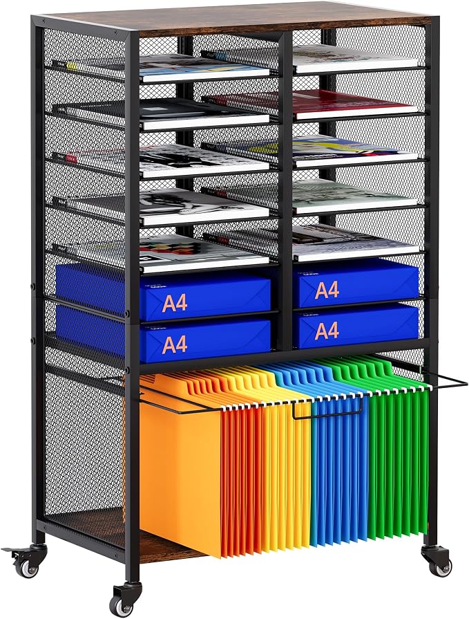EasyPAG Rolling File Cart with 14 Slot Mail Organizer, Under Desk Storage with Hanging File Rack for Letter/Legal Folders, Mobile Filing Cabinet Printer Stand for Office Home Classroom, Black
