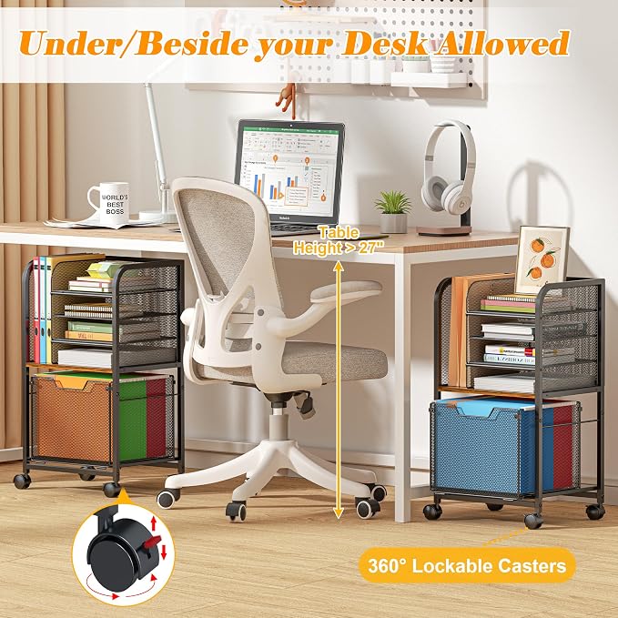 Feyejade 5-Tier Rolling File Cart Cabinet Under Desk Storage Organizer | Letter-Size Hanging File Folders, Under Desk Mobile Filing Storage, Multi-Layer Mesh Drawers, Office Efficiency Furniture