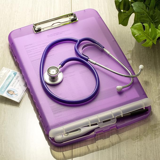 Officemate Slim Clipboard with Storage, 10 x 14.5-Inches Plastic Document Organizer with Compartment and Pen Holder, Translucent Purple