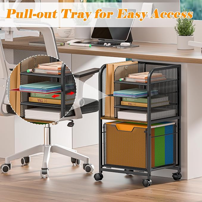 Feyejade 5-Tier Rolling File Cart Cabinet Under Desk Storage Organizer | Letter-Size Hanging File Folders, Under Desk Mobile Filing Storage, Multi-Layer Mesh Drawers, Office Efficiency Furniture