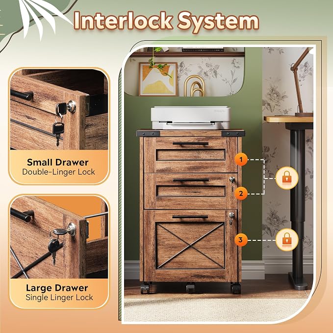DEVAISE 3 Drawer Under Desk File Cabinet with Lock, Oak | Farmhouse Style, Mobile Drawer Storage Cabinet, Rolling Printer Stand, Fits A4 or Letter-Size, Home Office