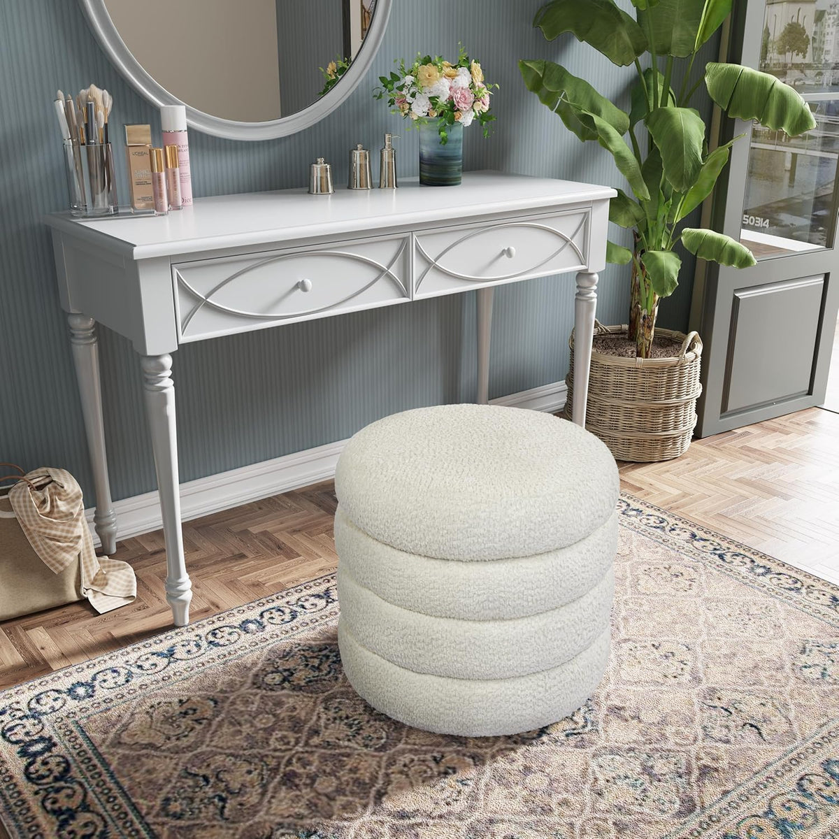 Storage Ottoman, Round Ottoman with Storage, Vanity Stool Foot Rest with Removable Lid, Round Boucle Upholstered for Living Room Pouf Footstool