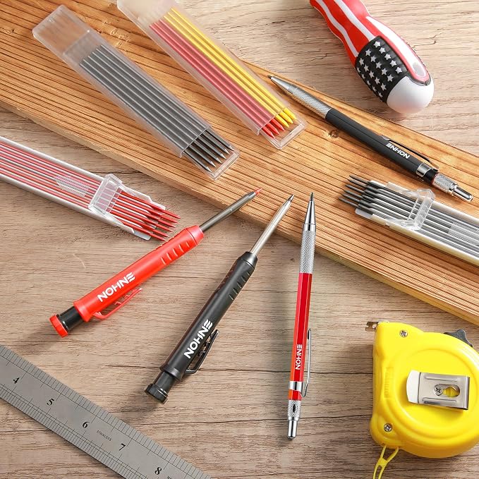 Enhon 4 Pack Carpenter Pencil Set with Sharpener, Black/Red/Yellow | 45mm Deep-Reach Tip, 36 Refill Leads, 2mm & 2.8mm Lead Sizes, Durable Construction, Pocket Clip, Multi-Surface Drawing