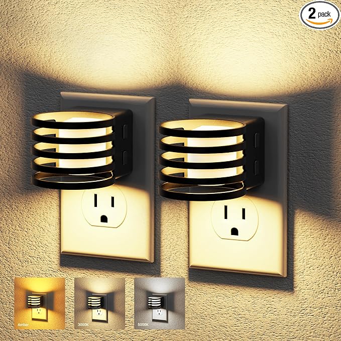 JandCase LED Night Light, Night Lights Plug into Wall with Dusk to Dawn Sensor, 3 Colors Amber/3000K/5000K & 5 Brightness Levels, Adjustable Brightness Nightlight for Bedroom Bathroom Hallway, 2 Pack