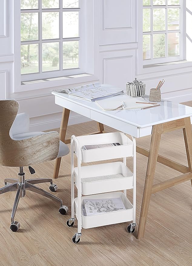 SunnyPoint 3-Tier Delicate Compact Rolling Metal Storage Organizer - Mobile Utility Cart Kitchen/Under Desk Cart with Caster Wheels - WHT (15.35" X 10.24" X 26.8"H)