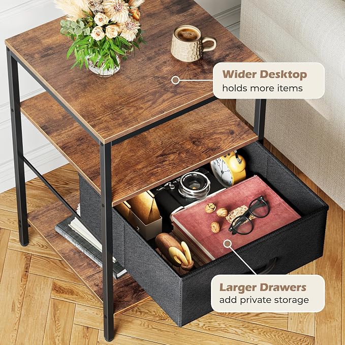 SUPERJARE Nightstand with Charging Station, USB-C Port, Bedside Table | 27.7 Inch Tall Nightstand with Adjustable Fabric Drawer, Large Dresser for Bedroom, Living Room, Rustic Brown & Black