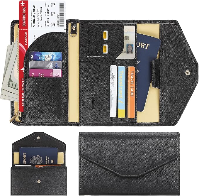 Passport Holder Travel Wallet Organizer for Women,Black | RFID secure, 6 card slots, 41 sim pockets, passport holder with zip-around wallet, slim fit for women travelers.