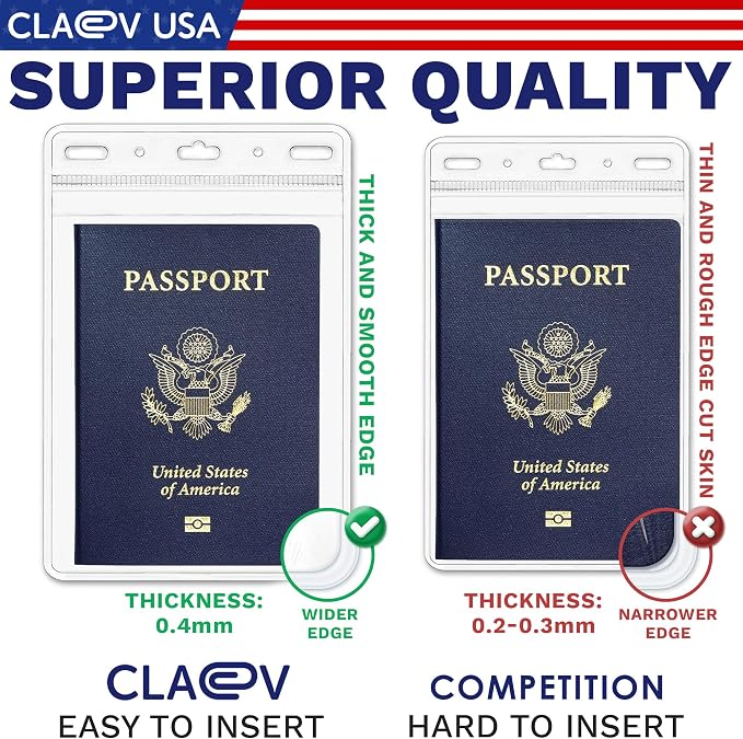 Claev Flexible and Tear Resistant Vertical 4x6 Passport & Card Holders (4x6 Extra Large (XXL), 250 Pack), Clear Zipperless ID Plastic Name Card Badge Holders for Travel, Conferences, Conventions | Bulk clear waterproof ID badge holders, fits 4 x 6 inse...