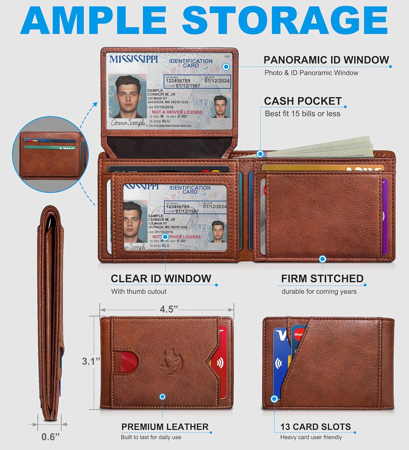 Wallet for Men Wallet with Cash Pocket 2 ID Window 13 Cards,Slim Leather Wallet Front Pocket Card Holder RFID Blocking with Gift Box