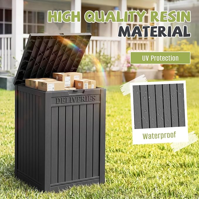 55 Gallon Package Delivery Boxes Outside Secure Waterproof Resin UV Resistant Lockable Mail Parcel Drop Mailbox Storage Deck Box for Outdoor Porch Patio Black