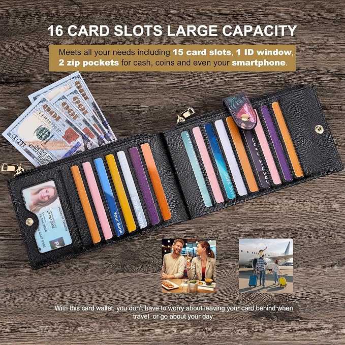 Travelambo RFID Wallet Women Large Size Bifold Multi Card Wallet Case with Zipper Pocke Credit Card Holder for Women