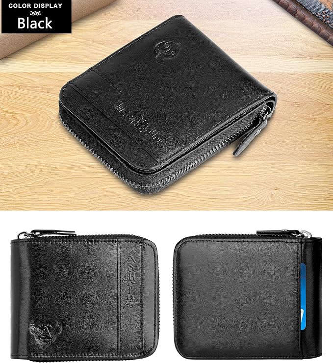 Admetus Mens Zipper Wallet Leather RFID Blocking Card Holder Zip Bifold | genuine leather,gift box packaging, ID window, 12 card slots,zip around