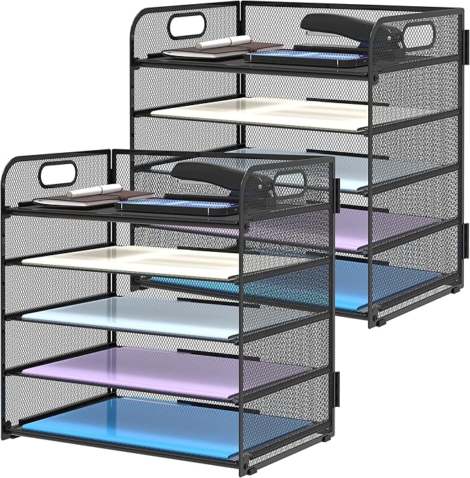 2 Pack 5-Tier Desk Organizer with Handle Mesh Desk File/Paper Organizer Letter Tray for Office, School, Classroom and Home Easy Installation, Black