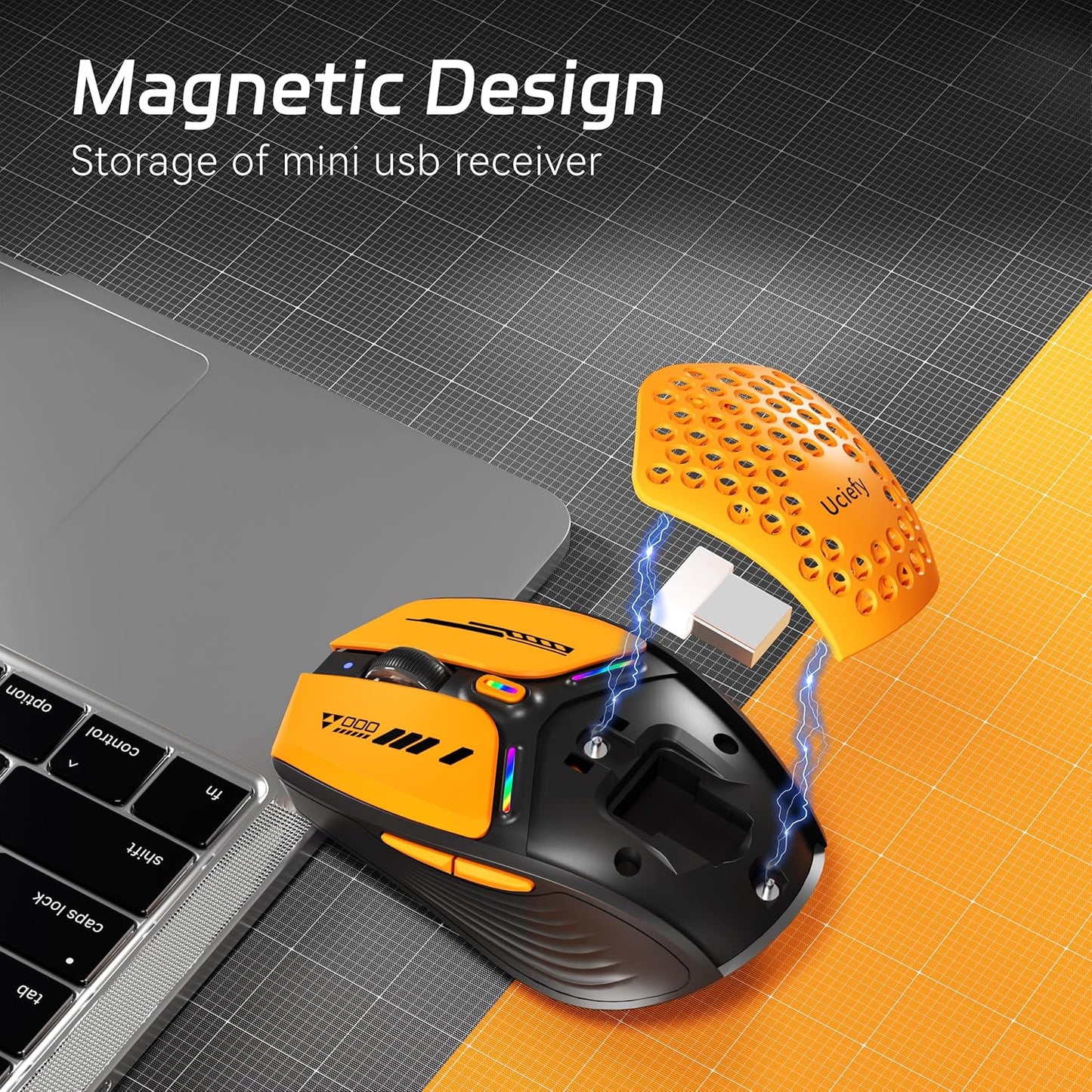 Uciefy Bluetooth Wireless Mouse, (BT5.0/5.1+2.4GHz) USB C Rechargeable LED Mouse Battery Level Visible, Honeycomb Magnetic Shell Cover with USB Receiver & Type-C Adapter for Laptop/PC/Mac/iPad -Orange