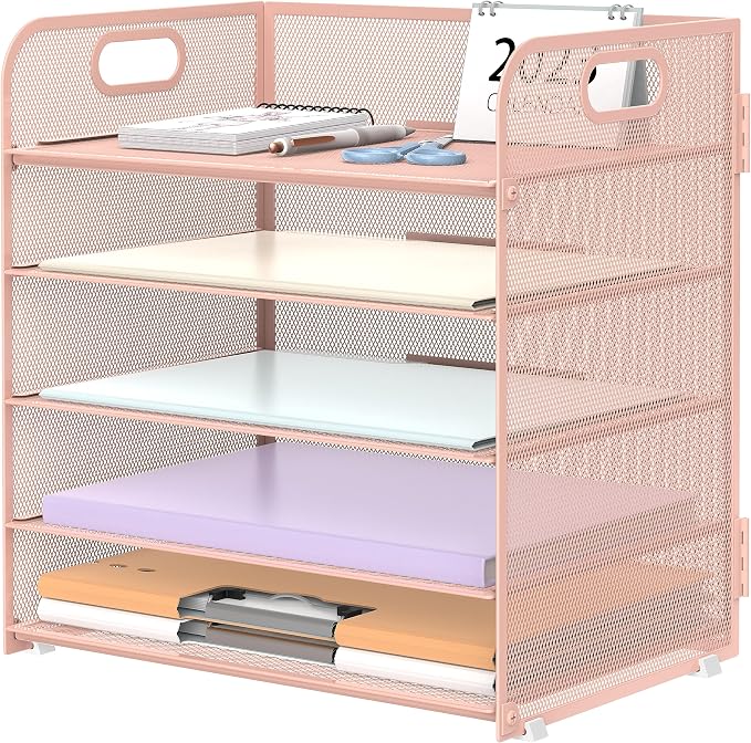 5 Trays Paper Organizer Letter Tray with Handle-Mesh Desk File Holders, Paper Sorter Desk Organizer for Office, Home, Classroom or School, Pink