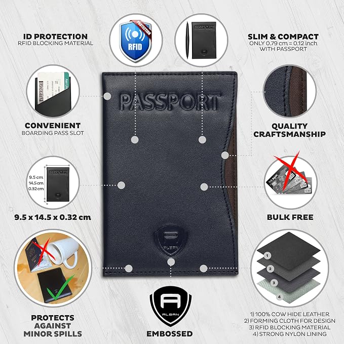 Alban RFID Passport Holder for Women & Men, Genuine Leather Passport Cover | RFID blocking design helps protect personal information while traveling, Slim genuine leather case for travel essentials