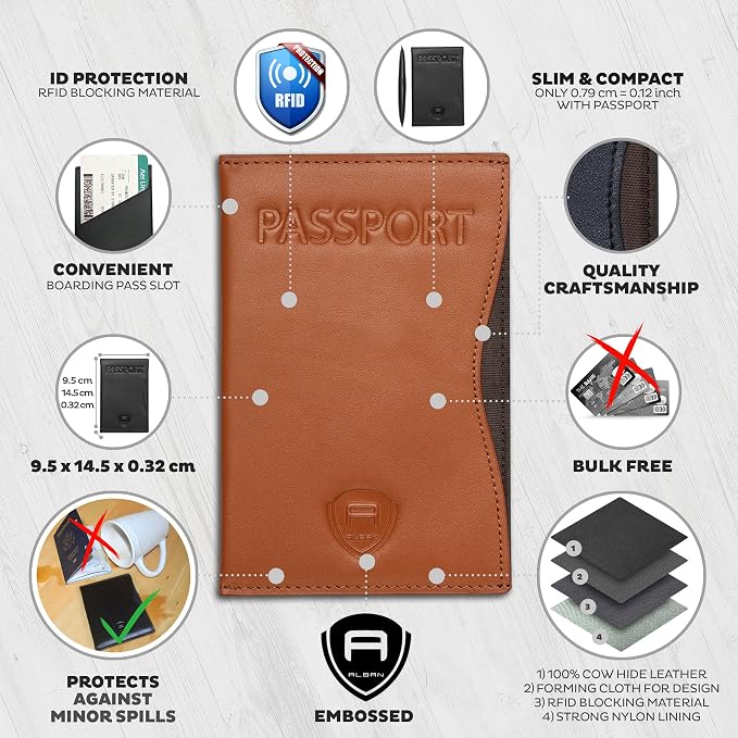 Alban RFID Passport Holder for Women & Men, Genuine Leather Passport Cover | RFID blocking design helps protect personal information while traveling, Slim genuine leather case for travel essentials