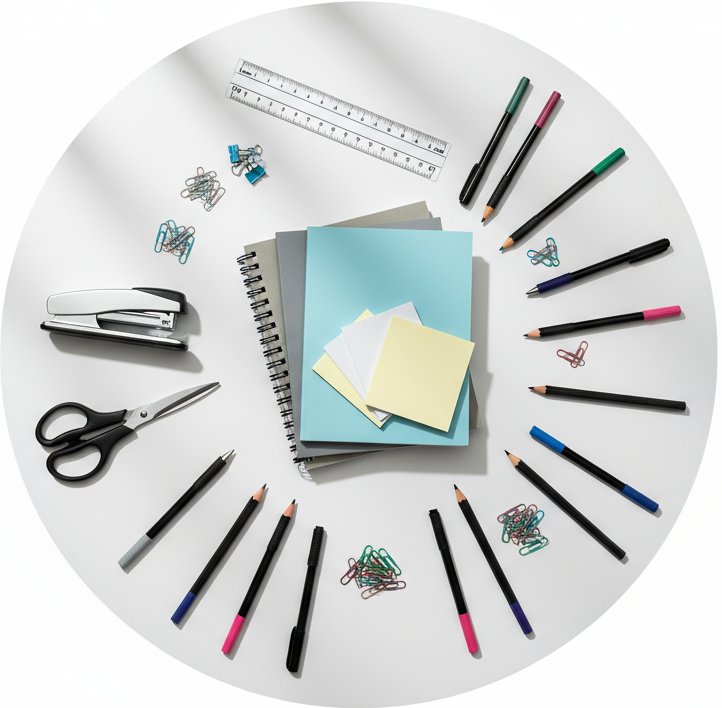 circle photo of office supplies, make a real photo